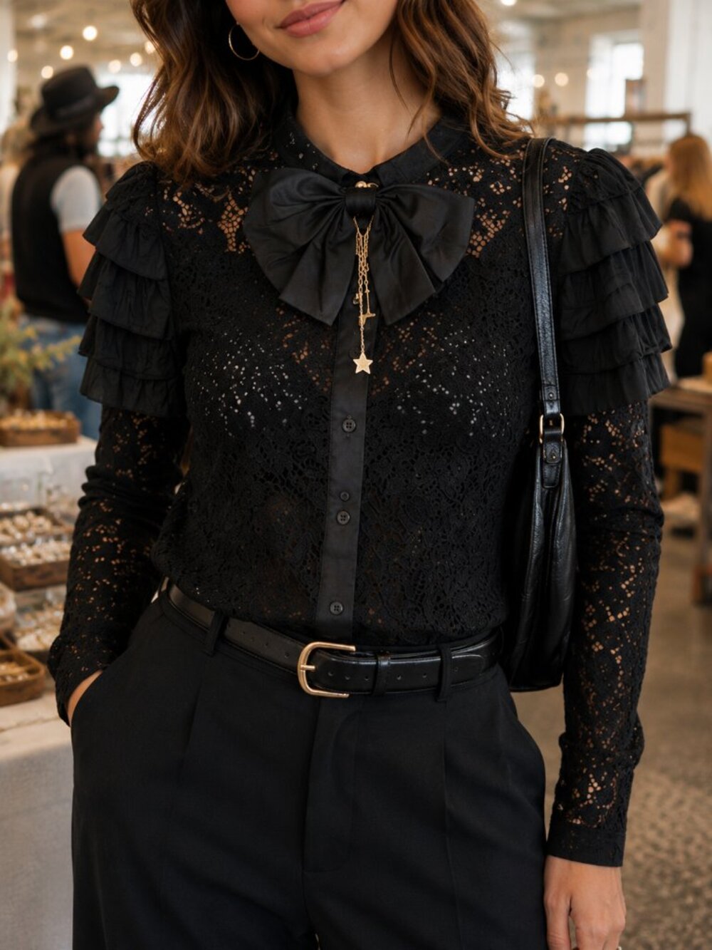 Sister Jane Black Lace Bow Shirt Ruffle Bib Top Star Charm Blouse Medium M